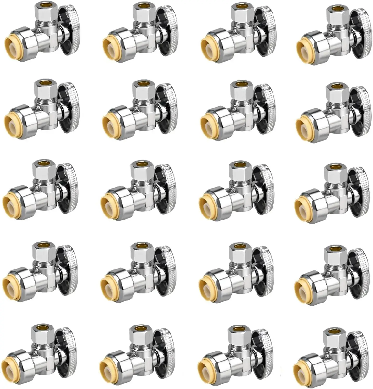 

20 шт. угловых запорных клапанов 1/2" x 3/8", с быстрым подключением, хромированная латунь, для смесителей и унитазов, без свинца