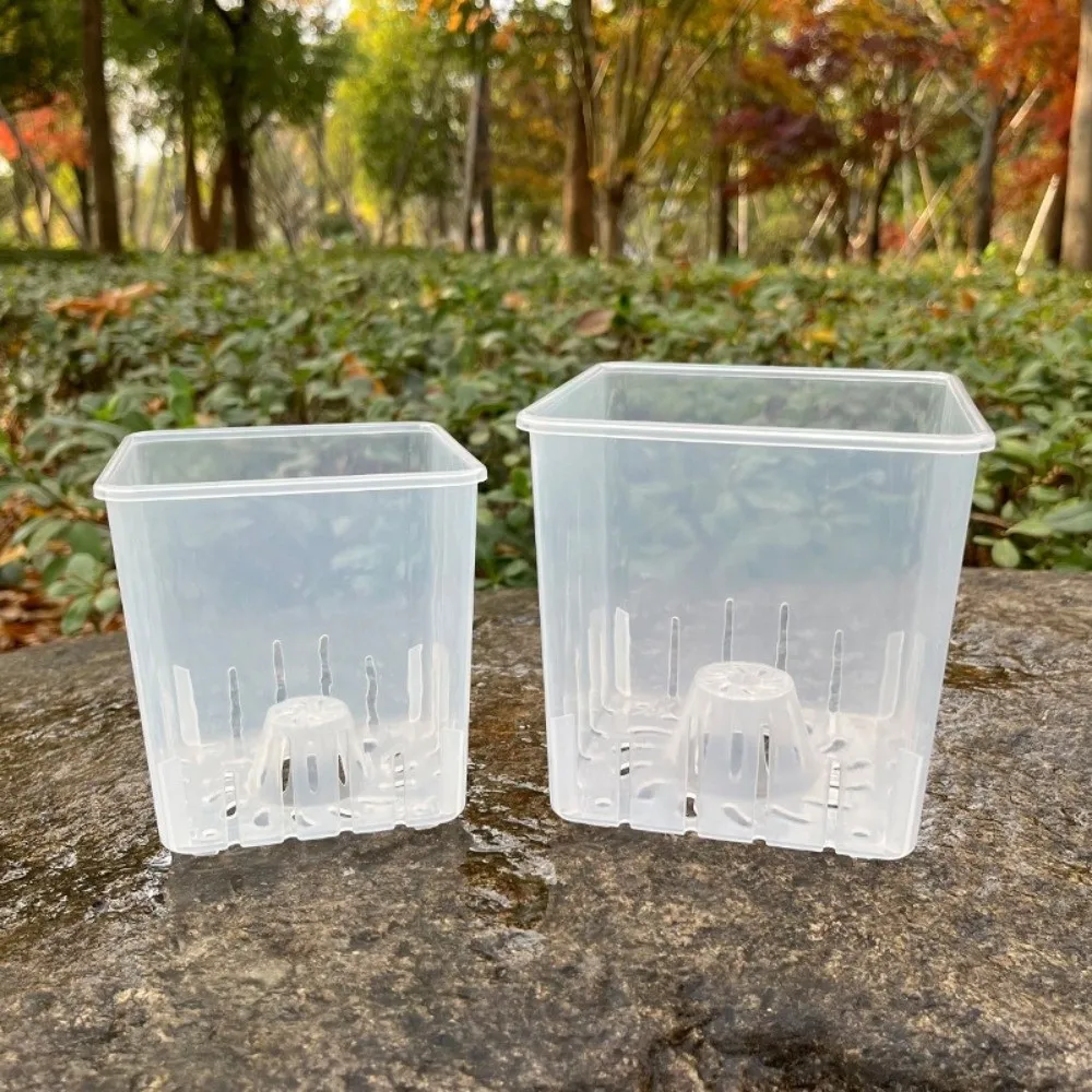 Square Clear Flower Pots with Trays Ventilated Drainage Holes Orchid Plant Grow Pot Root Control Pot Thickened Plastic