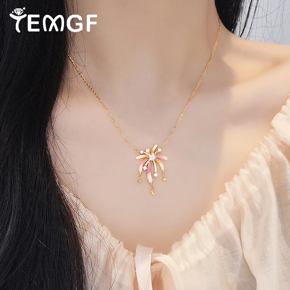 

TEMGF Romantic Fluorescent Pendant Necklace 925 Sterling Silver Plated Gold Chain High Quality Zircon Inlay Couple Fine Jewelry