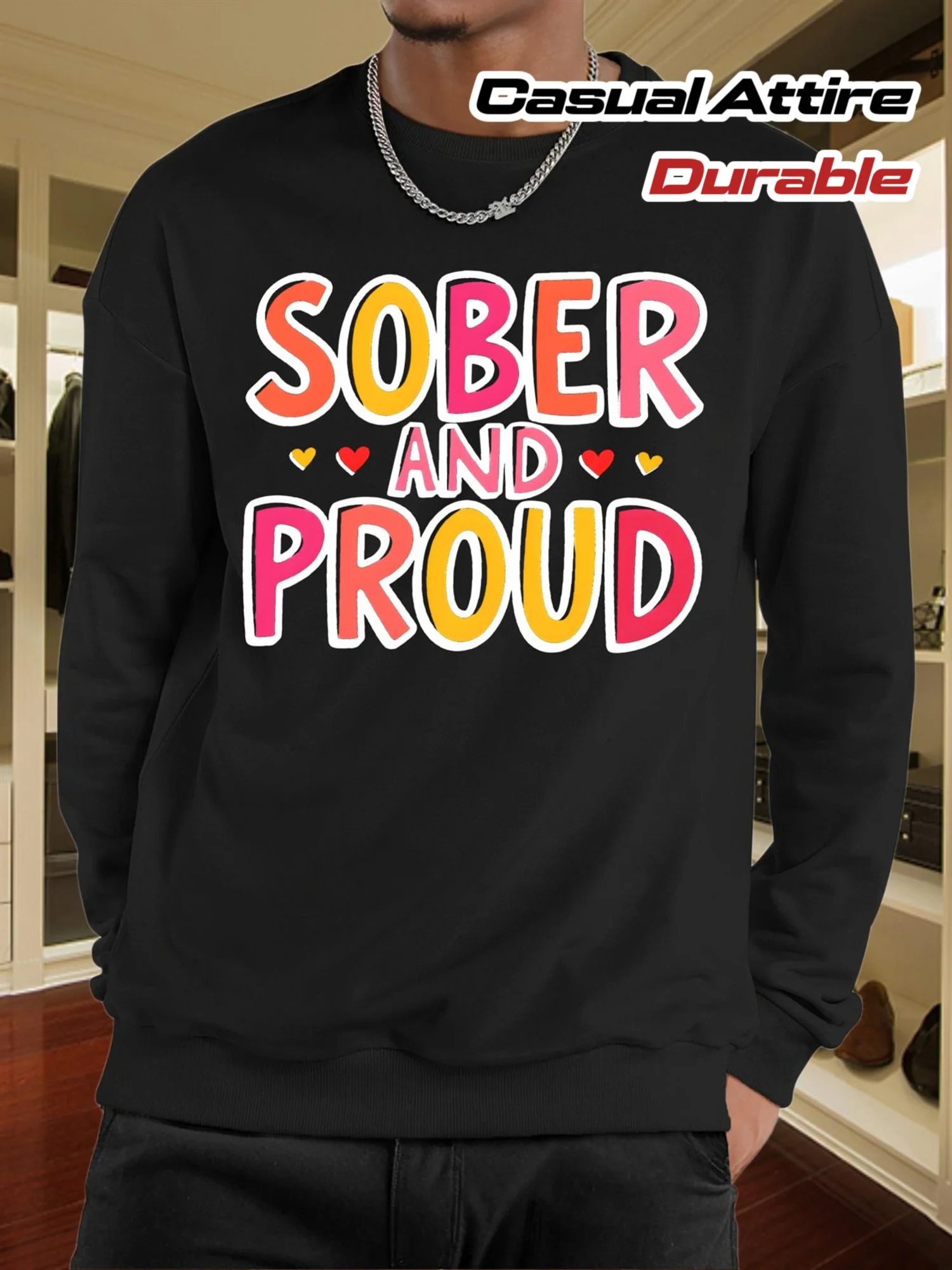 

Мужской свитер Sober Living — темно-синий, Sober & Pride, подарки на алкоголь, розовые, золотые буквы и узоры в виде сердечек — Adeate