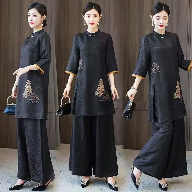 

2025 Female Cheongsam Pants 2PCS Korean Women Real Silk Fragrant Cloud Yarn Two-piece Set Autumn Ladies Large Size 5XL Outfit