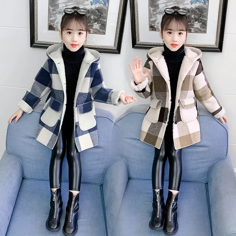 

Autumn Winter Girls Hairy Coat Fashion Design Long Coat for Girls Kids Outerwear Grid Pattern Warm Winter Jacket Coats 4-12T