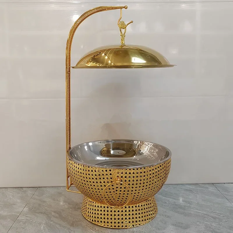 8-Quart Gold Hot Pot with Lid and Vertical Stainless Steel Hot Pot Buffet Server Warmer Set with Movable Hanging Cover