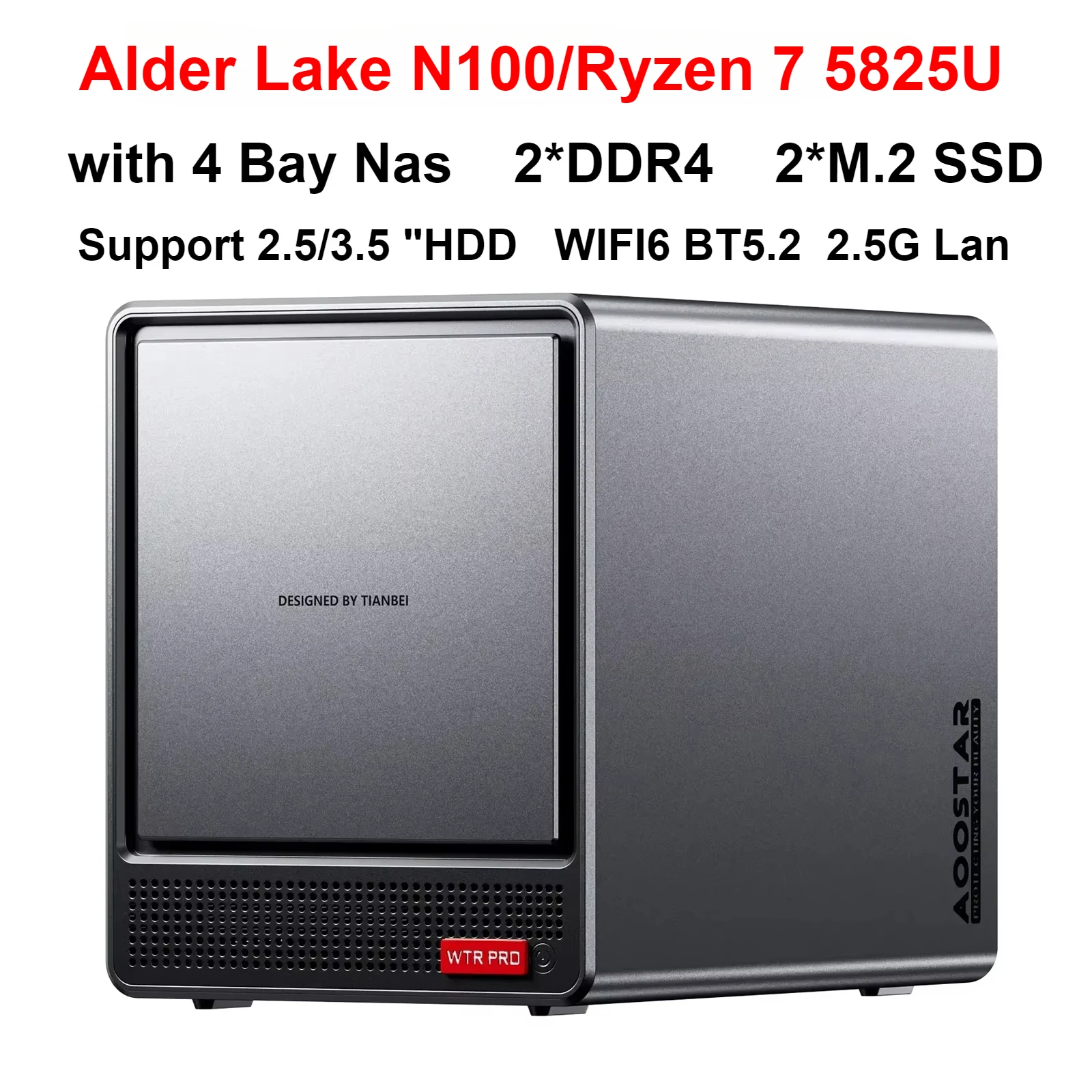 كمبيوتر صغير WTR PRO Intel N100/AMD Ryzen 7 5825U مع 4 Bay Nas DDR4 32GB 1TB Nvme SSD 2.5G LAN لعبة كمبيوتر يدعم 2.5/3.5 بوصة HDD