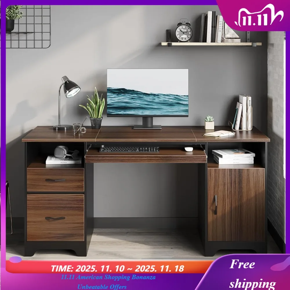 مكتب تنفيذي مع درجين، مكتب كمبيوتر مع خزانة تخزين، مكتب خشبي صناعي مع درج ملفات، صينية لوحة المفاتيح #1