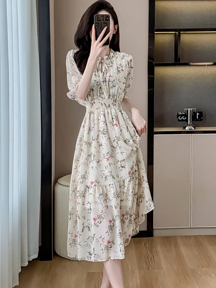 2024 Bloemen Chiffon Strik Ruches Kraag Casual Lange Jurk Zomer Elegante Bodycon Een Stuk Jurk Vrouwen Koreaanse Mode Feestjurk