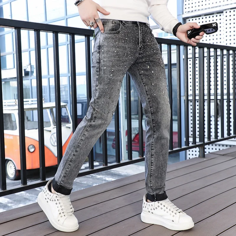 2024new full body rhinestone design fashion jeans men's light luxury high-end fashion elastic slim fit skinny gray trousers