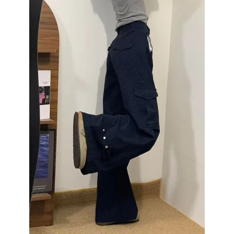 YIBASHU Women Blue Y2k Cargo Jeans Vintage Hiphop Grunge Baggy Denim Trousers Boyfriend style Jeans Pants Wide Leg Denim Pants