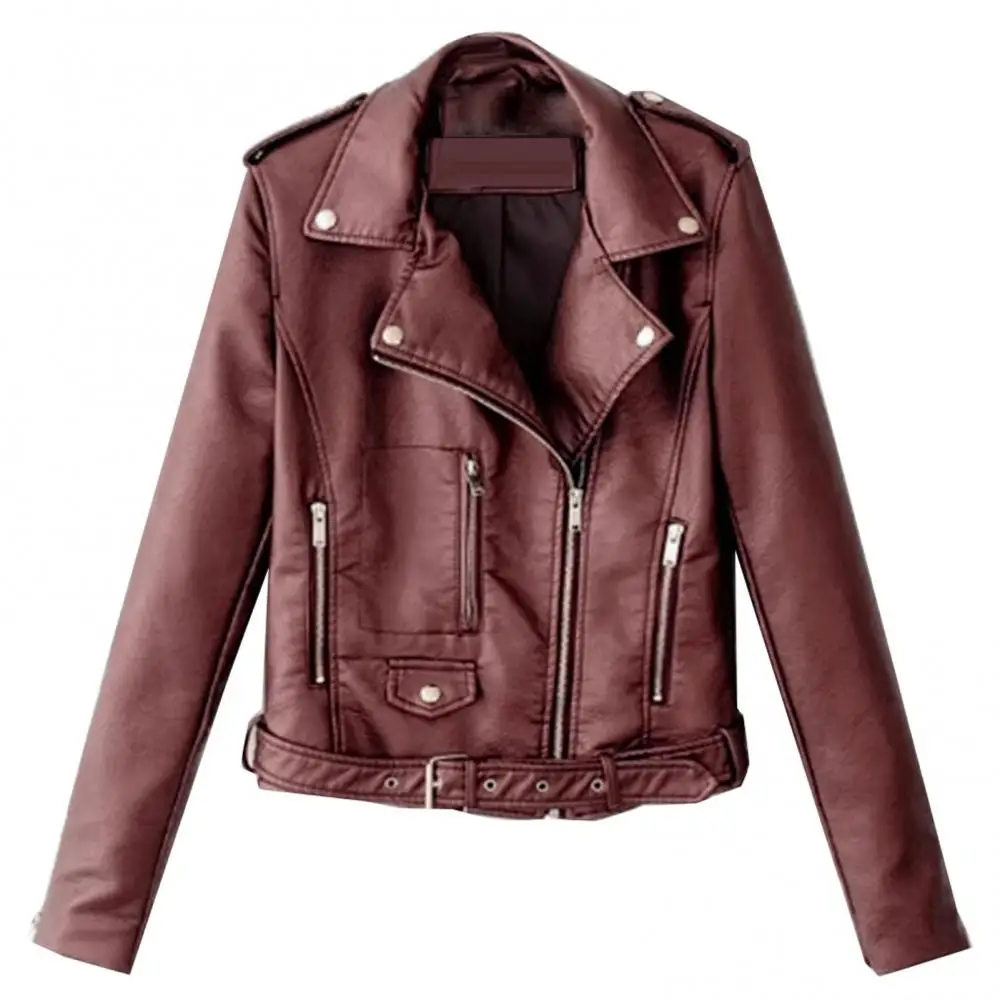 Veste de moto en cuir pour femme, veste d'équitation de moto, manteau court, fermeture à glissière à revers, printemps, automne