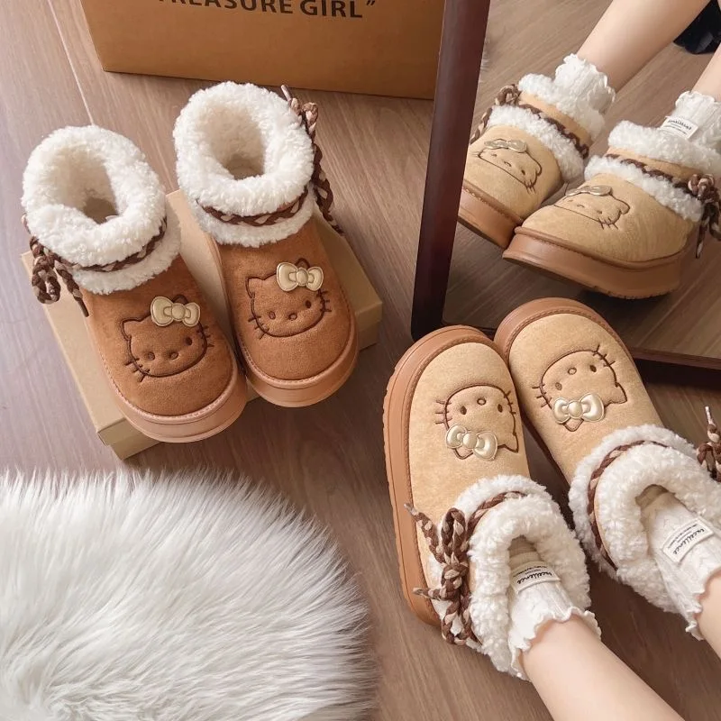 Cute cartoon Hello Kitty thick soled height increasing snow boots for women in winter, with thick and warm plush cotton shoes