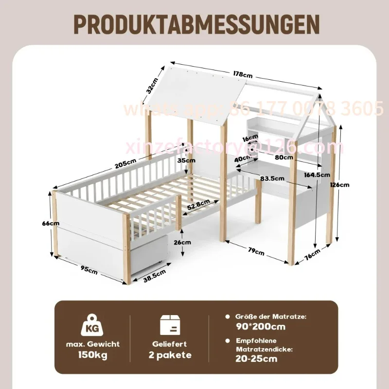 سرير أطفال قابل للتخصيص مقاس 90 × 200 سم مع قاعدة شرائح للسكك الحديدية الآمنة - مكتب على شكل حرف L، رف كتب، أدراج دوارة من الخشب الصلب متعدد الوظائف #6