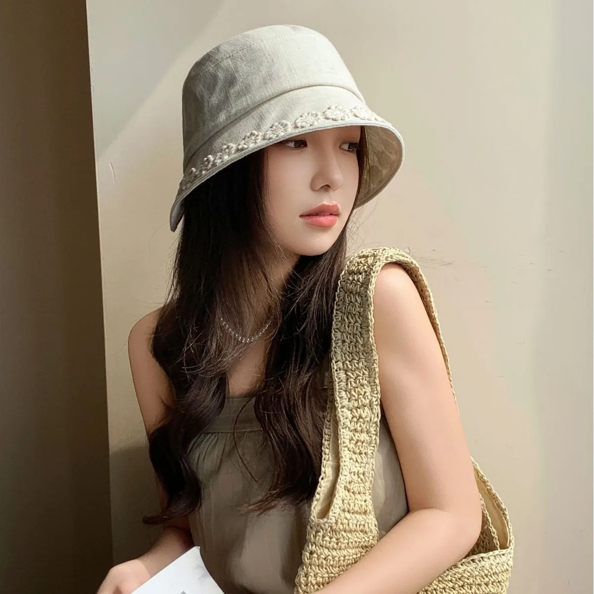 South Korea's  New Lace Lace Large brimmed Fisherman's Hat Sunshade and Sunscreen Big Head Circumference Face Small Basin Ha