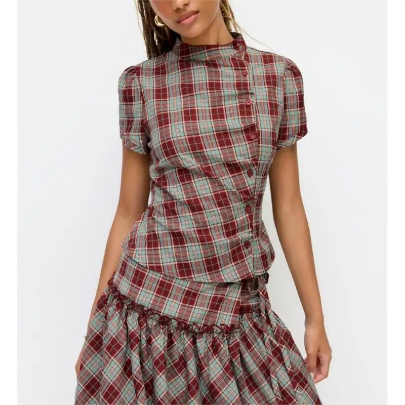 Women's y2k stand up collar short sleeved shirt, American retro plaid waist cinching strap, round neck slimming and versatile