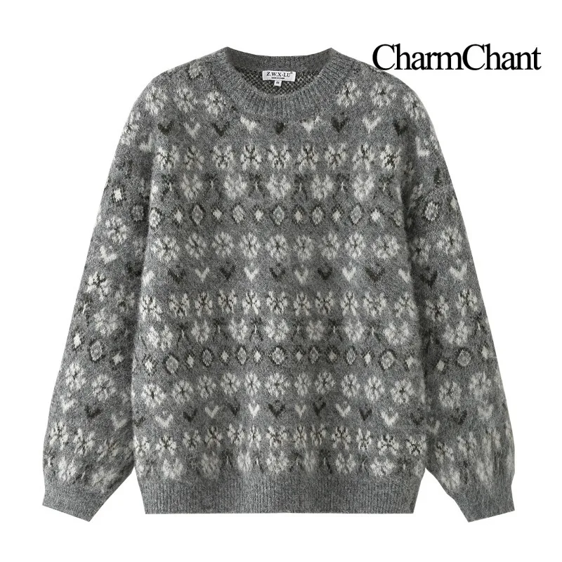 CharmChant グレー フェアアイル プリント クルーネック セーター 女性用 オーバーサイズ ダメージ加工 ニットウェア ジャンパー 長袖 トップス プルオーバー 女性用