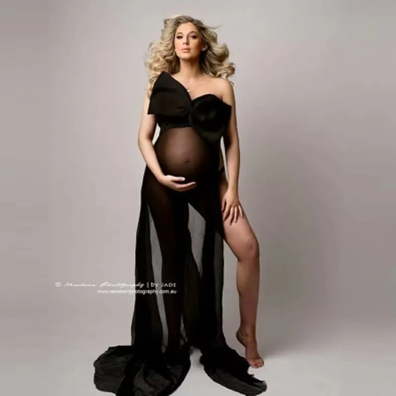 2024 New Fashion Big Bow Style Maternity Photography Props Dresses Pregnant Woman Photo Shoot Outfit Long Dresses