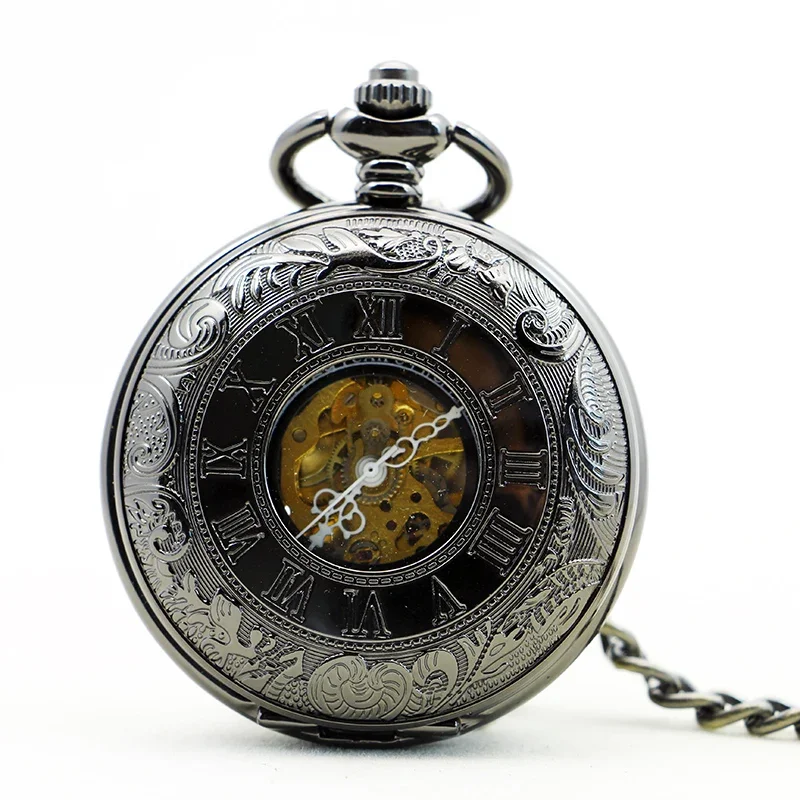 

Vintage Charm Black Unisex Roman Number Mechanical Steampunk Pocket Watch Women Man Hand Wind Necklace Pendant with Chain Gifts