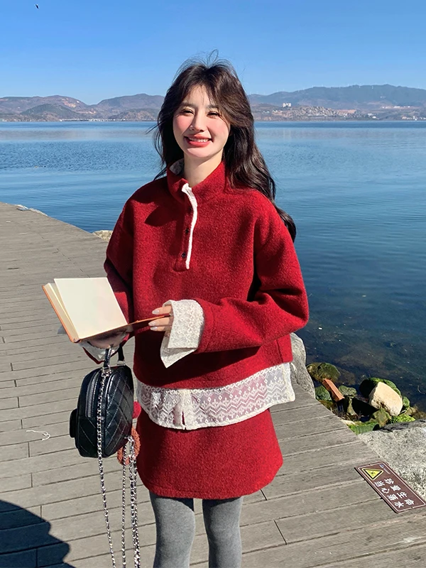 

Красный кружевной женский костюм с юбкой и длинным рукавом, теплый комплект для зимы, повседневная одежда для всех возрастов