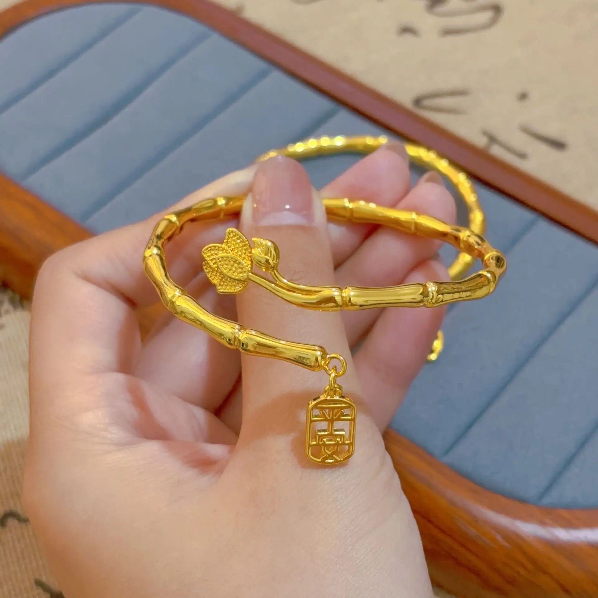 

Glistening Resilient Peace! 24K AU999 Gold Textured Bamboo Cuff, Ridged Joints with 'Peace' Engravings for Spiritual Protection