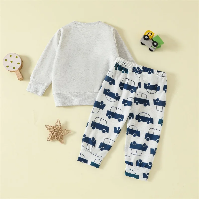 Baby Boy Fall Outfit, Car Embroidery Long Sleeve Pullover Sweatshirt Elastic Waist Pants 2 Piece Set