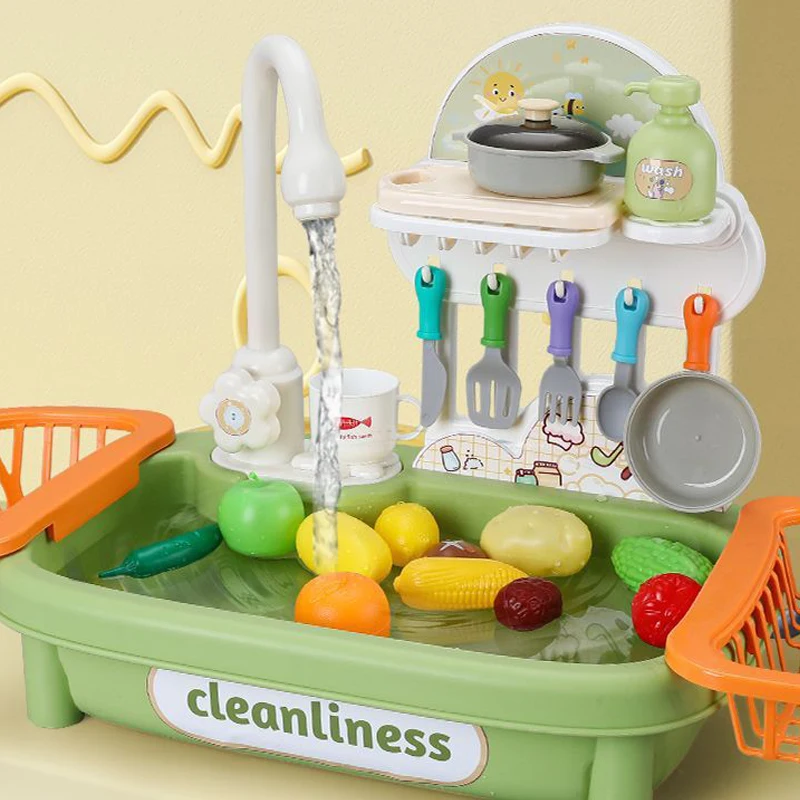 Pretend Role Play Kitchen Toys Set with Upgraded Working Faucet and Dishes Play set Kids Pretend Play Kitchen Sink Toys