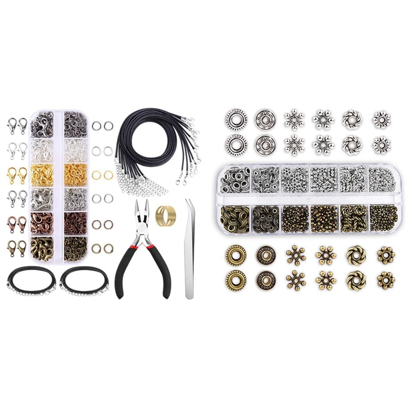 

1 Set 12 Grid DIY Jewelry Making Accessories Combination Set & 300 Pcs Retro Silver Bronze Spacer Beads, Metal Washers