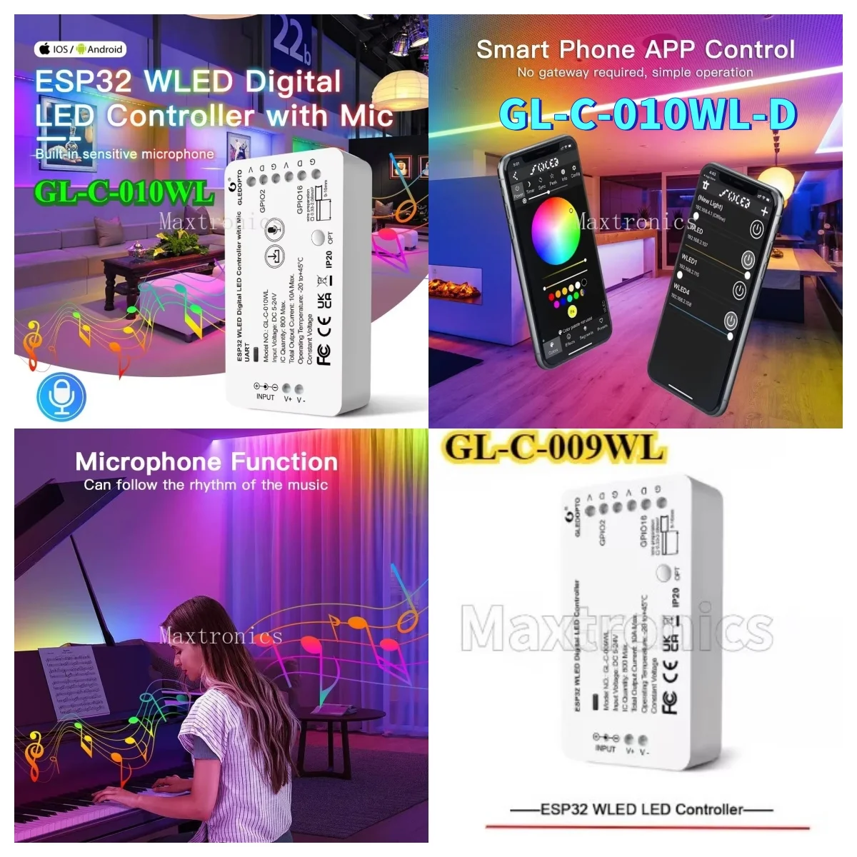 

GL-C-010WL/GL-C-010WL-D ESP32 WLED LED Controller GL-C-009WL Music Modes For SK6812 TM1814 WS2813 WS2815 WS2811 WS2812LED Strip