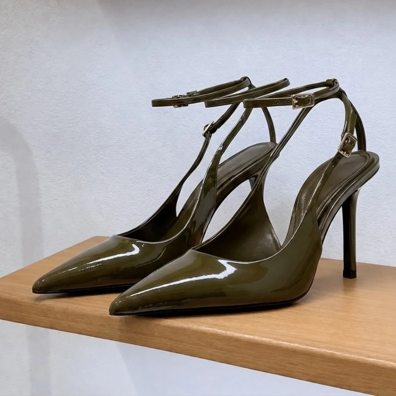 Sexy Pointed Toe Ankle Straps Buckle Women Pumps Patent Leather Slingbacks High Heels Elegant Party Shoe Stiletto Heeled Sandals