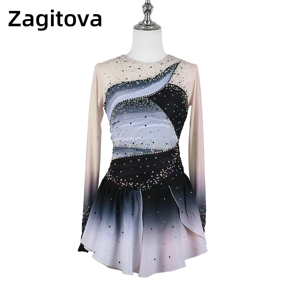 

ZAGITOVA Figure Skating Dress Women Girl Performance Rhythmic Gymnastics Competition Ice Skating Skirt Black Gradien Mesh Skirt