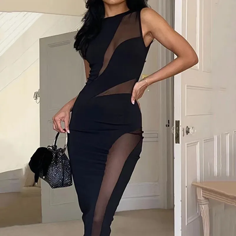 

2025 Fashion New Solid Color Sexy Hollow Mesh Tight Round Neck Sleeveless Split-ended Jumpsuit Europe and America