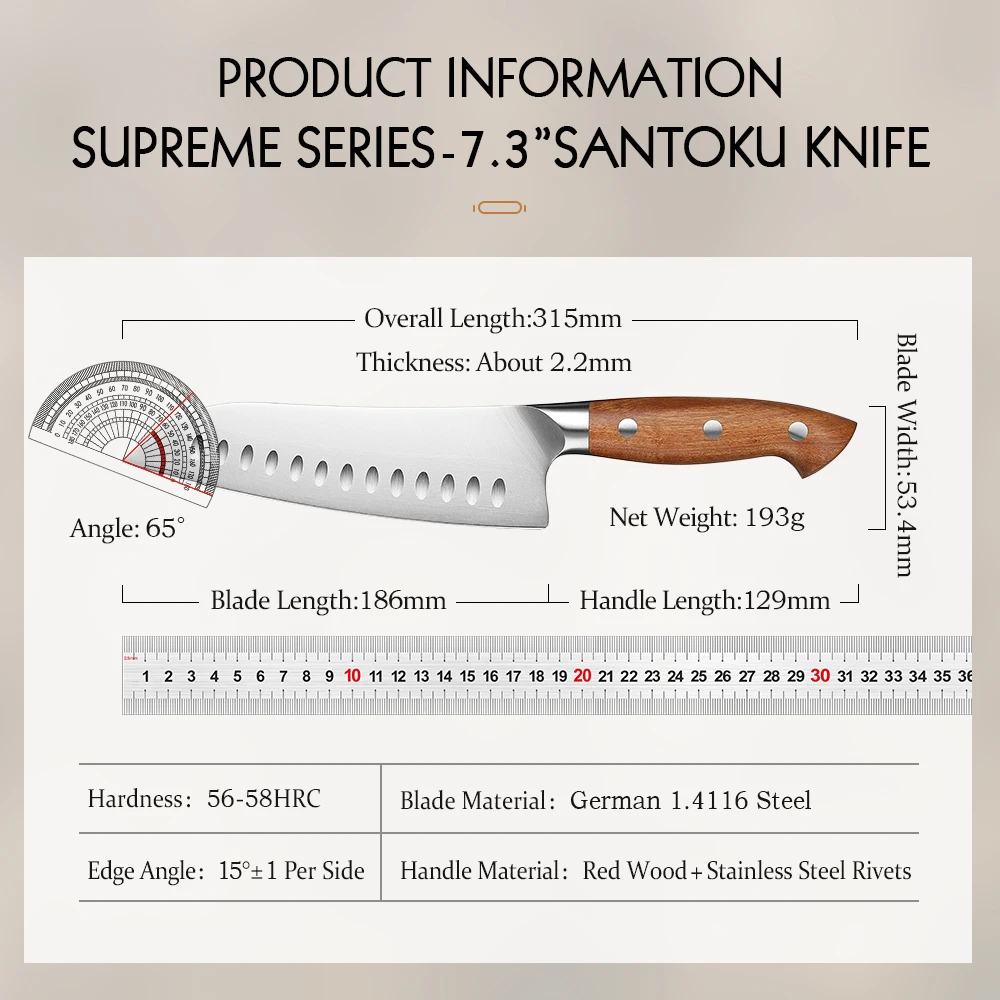 HEZHEN 7.3 Inches Santoku Knife 1.4116 steel Red Wood Handle Cook Tools Core Blade Kitchen Knife Accessories Box Packing