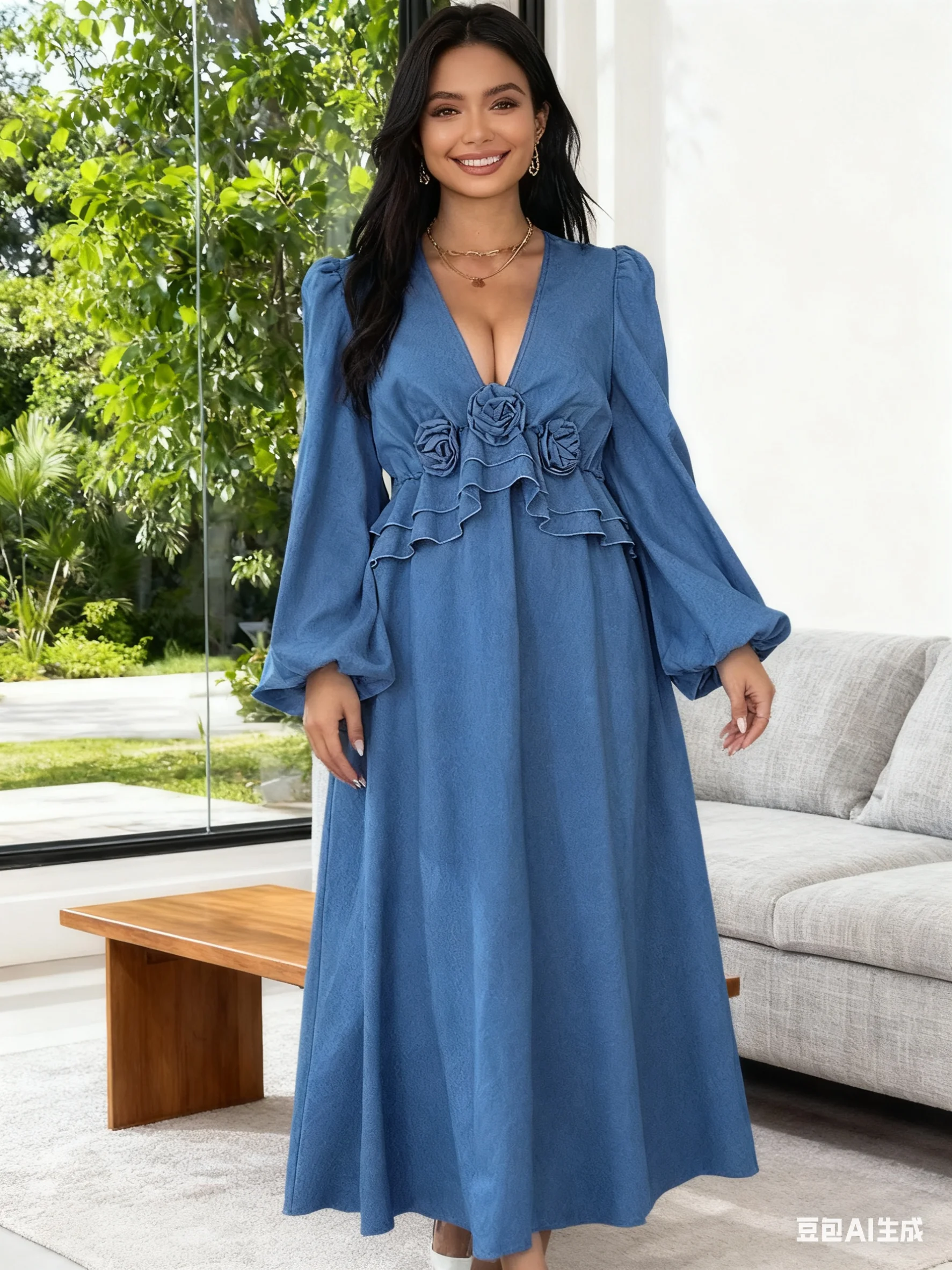 เดรสยาวผู้หญิงฤดูใบไม้ผลิ 2026 ดีไซน์หรูหรา สีฟ้า แขนยาว คอวี ลายดอกไม้ ทรงหลวม สไตล์ลำลอง ไซส์พลัส สำหรับใส่ในชีวิตประจำวัน