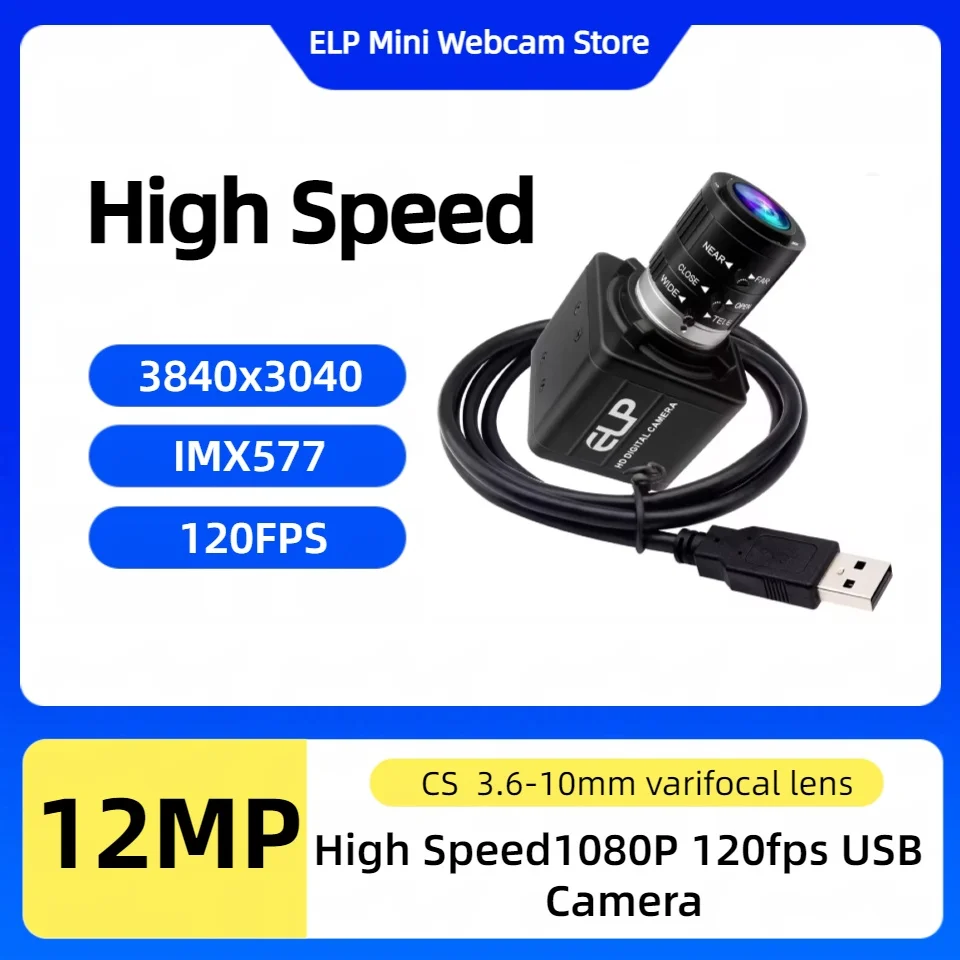 ELP 12MP USB Camera Module, IMX577 Sensor, 1080p 120fps, 3.6-10mm Varifocal Lens, Plug and Play for Lightburn, Video Conference