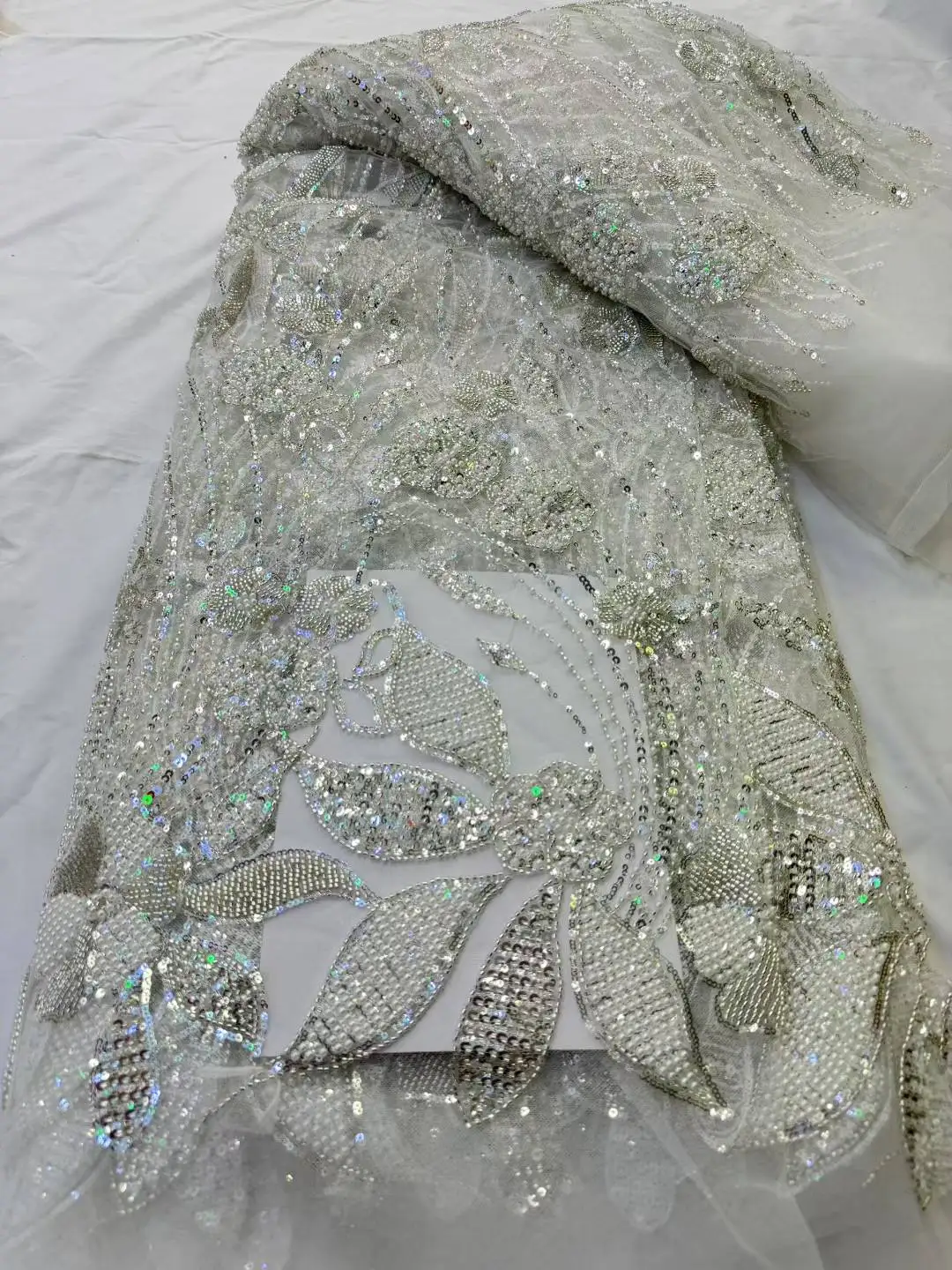 

Beaded Luxury African Mesh Lace Fabric For Sewing,Sequin Nigerian,Tulle,Wedding Dresses,Embroidery,5Yards,Fabrics By The Meter