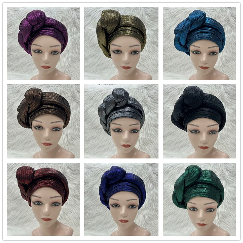 Latest Shinning Sequins Turban Cap for Women Ready Female Head Wraps African Auto Geles Aso Oke Headtie Already Made Headties 9L