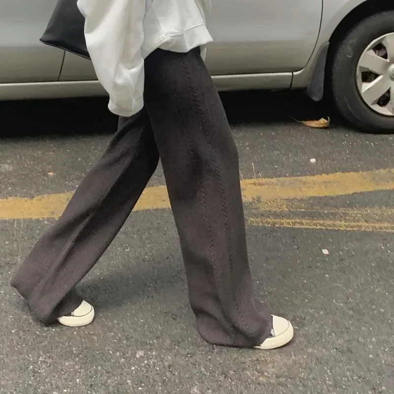 Autumn Winter Knitted Wide Leg Pants Womens Warm Thicken Pantalones Korean Fashion Woolen Oversize Trousers Y2k Clothes Kpop