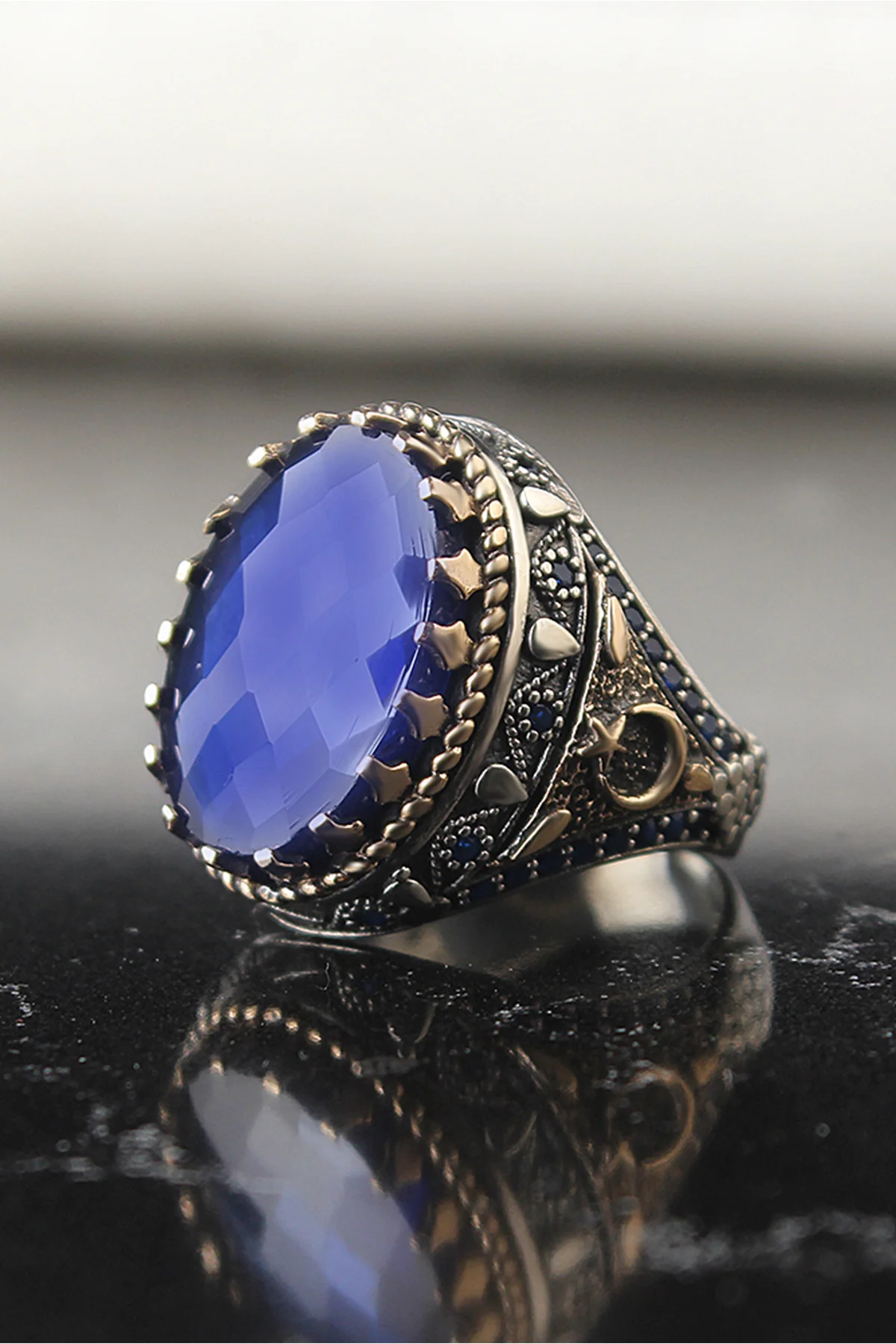 Blue Zircon Stone the Moon the stars Embroidered 925 Sterling Silver Ring