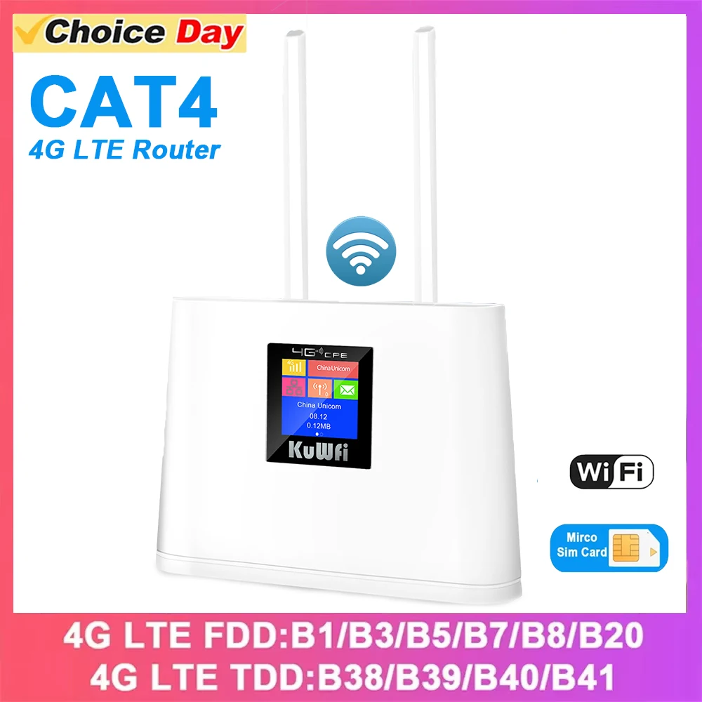 KuWfi CAT4 4G LTE Router 300Mbps Wirelress Wifi Router with SIM Card Slot Ethernet Port Support Detachable Antenna LCD Display