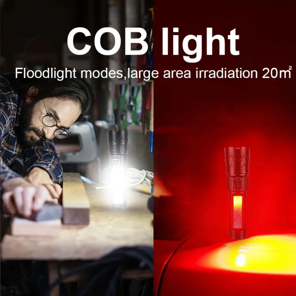 Powerful Zoom Tactical Flashlight with COB Side Light Built-in Battery 15000mAh Outdoor Camping Emergency Fishing Hiking Torch