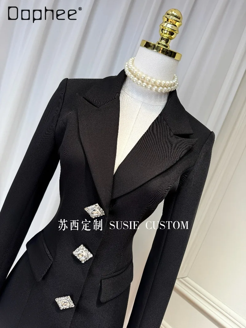 French Hepburn Style Socialite Suit Dress Fashion Detachable Ruffled High End Rhinestone Buttons Slim Patchwork Long Coats