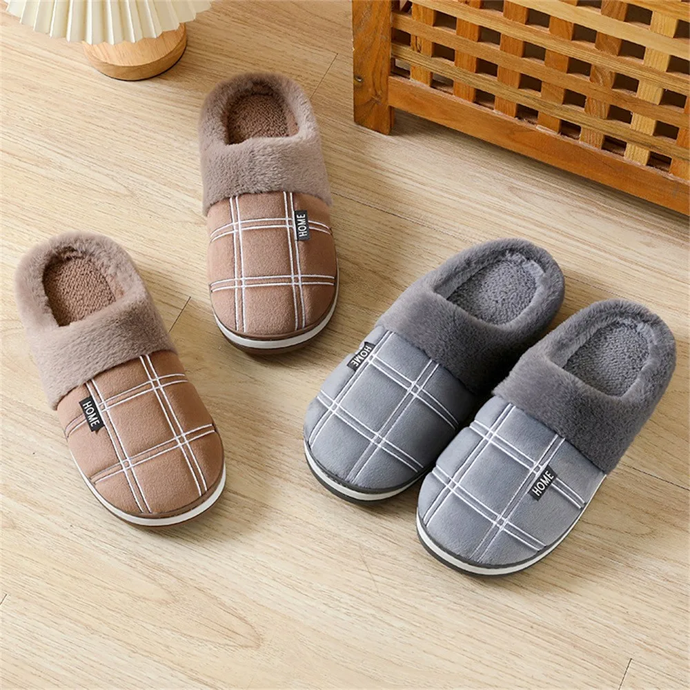 Plaid Men Shoes Winter Slippers Suede Gingham Plush Velvet Indoor Shoes for Men Warm Home Slippers 2024 Non Slip Male slipper