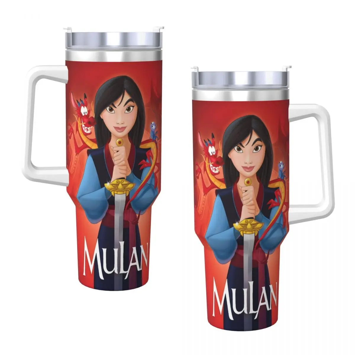 Stainless Steel Tumbler Mulan And Mushu Car Mugs With Straws Driving Hot Drinks Water Bottle Insulated Large Capacity Coffee Mug