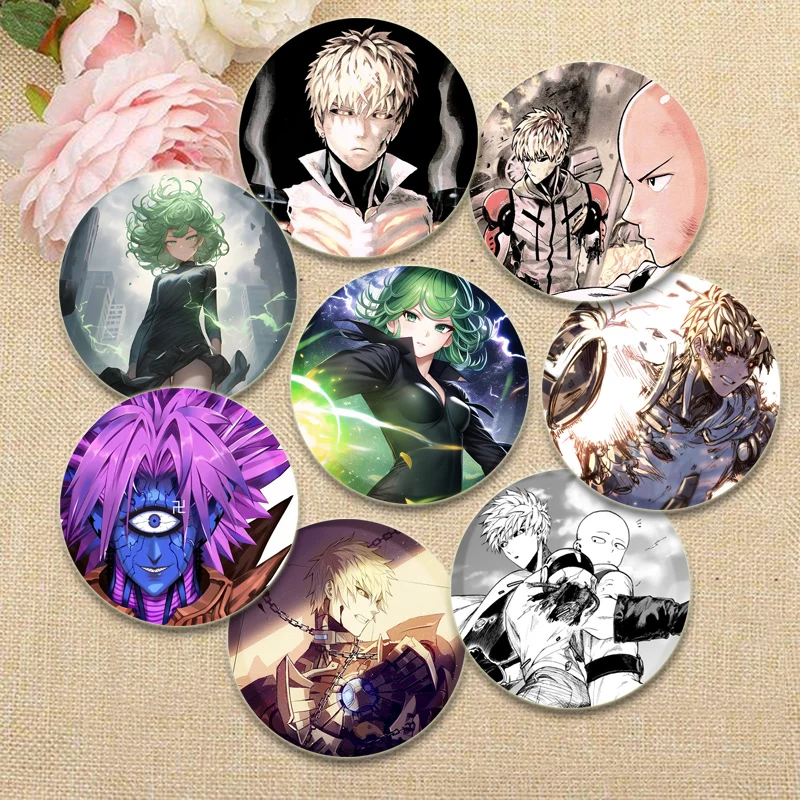 One Punch Man Anime Badges on Backpack Accessories Saitama Genos Jenos Sonic Tatsumaki Fubuki Garou Pins Round Cartoon Brooches