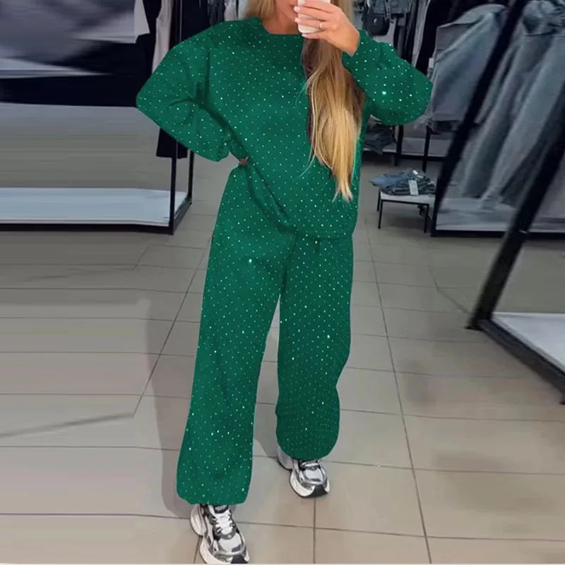 Fall Winter Rhinestone Shiny Leisure Clothing Women O Neck Sweatshirt Pullover Tie-up Pants Tracksuit Retro Loose Sport Suit Set