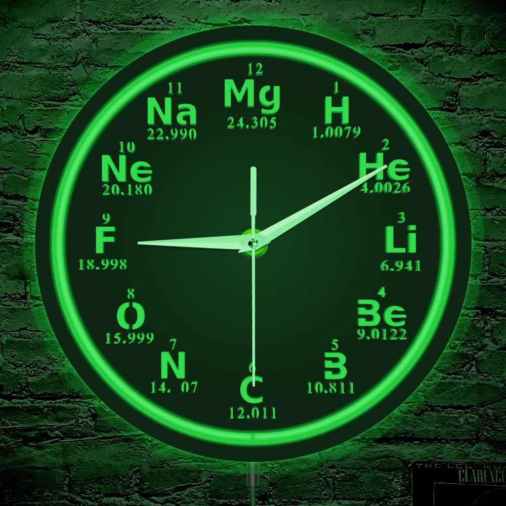 Periodic Table Elements LED Neon Wall Clock For School Classroom Chemistry Geek Periodic Chart Metal Frame Clock Glow in Dark