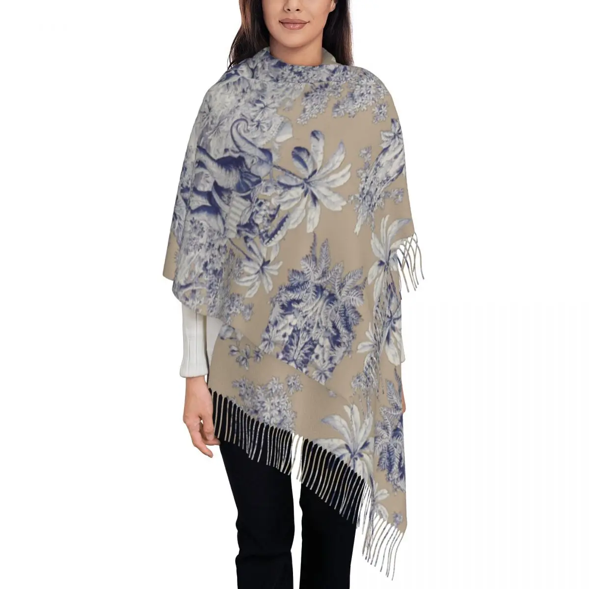 Bufanda azul marino Toile De Jouy con motivo francés y borlas para mujer, chal suave, bufandas para invierno y otoño