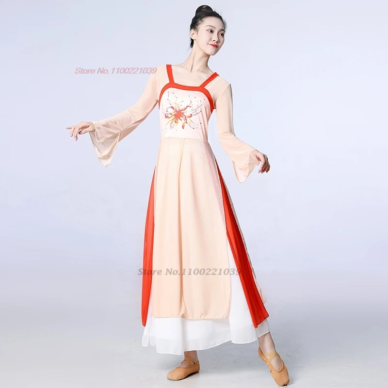 2025년 전통 중국 빈티지 한푸 꽃무늬 시폰 한푸 상의+하의 세트 무용 의상 무대 공연 루퀸 드레스