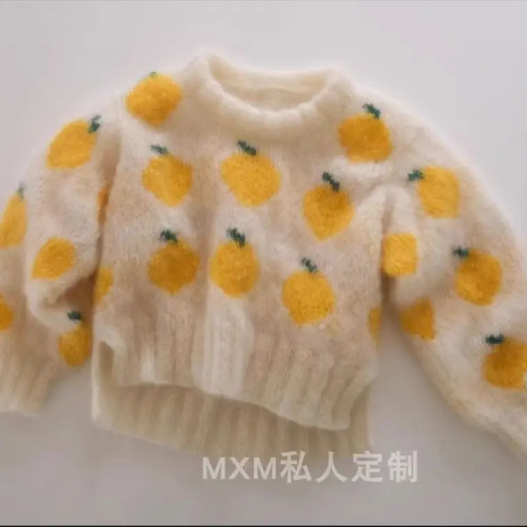 Xiaozhong Autumn and Winter New Cute 3D Pure Hand Knitted Round Neck Fruit Pattern Straight Tube Sweater T-Shirt Short