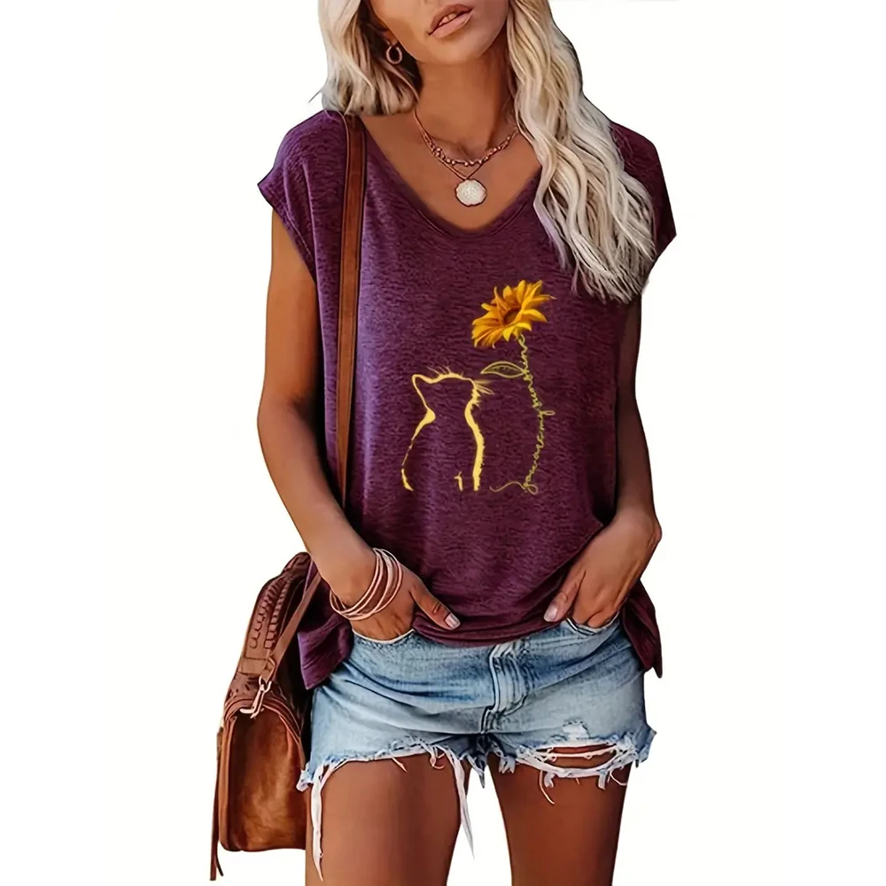 Trendy Sunflower 3d Print Blue T-shirts For Women Basic Tank Tops Comfortable Leisure V-neck Sleeveless Tees Summer Vacation