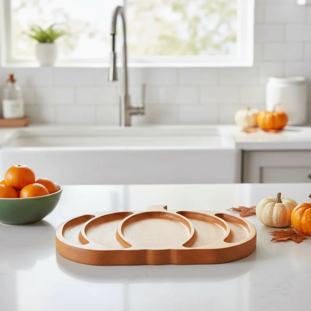 Wooden Halloween Pumpkin Snack Tray 5 Grid Sturdy Nut Platter Drop-resistant with Compartment Snack Serving Plate Tea Table