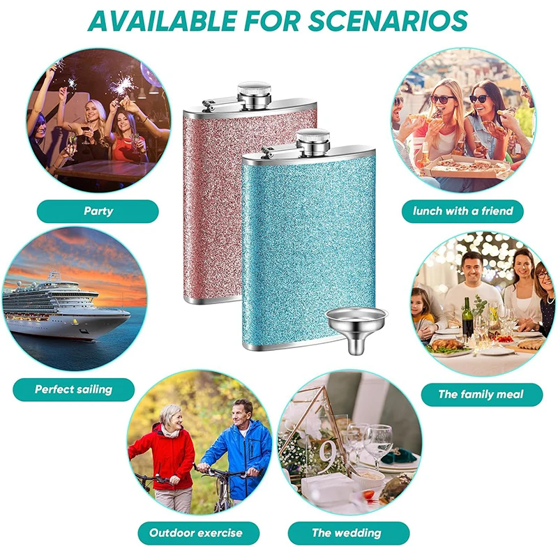 قارورة الورك اللامعة اللامعة سعة 8 أونصة قارورة الورك من الفولاذ المقاوم للصدأ مع غطاء لا يفقد أبدًا وقمع قوارير الكحول الخمور المقاومة للتسرب للويسكي